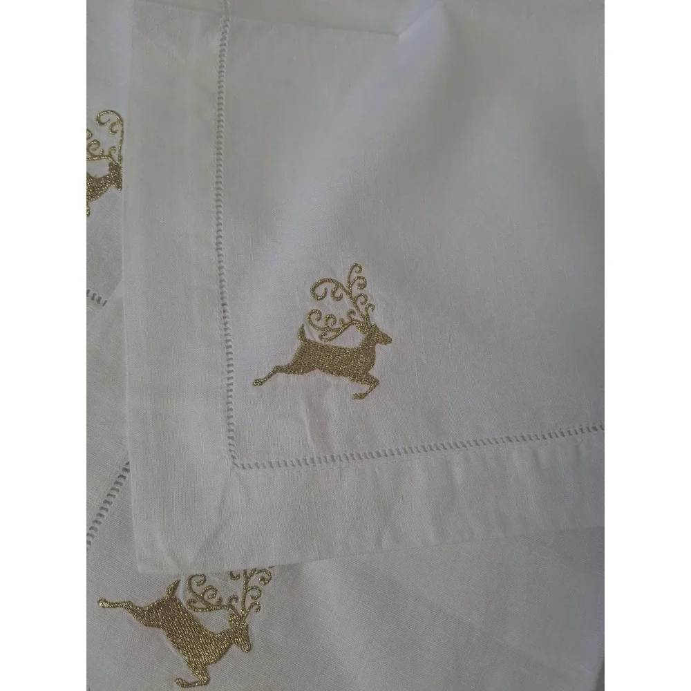 Set of 4 White Christmas Dinner Napkins Gold Embroidered Reindeer Hemstitch